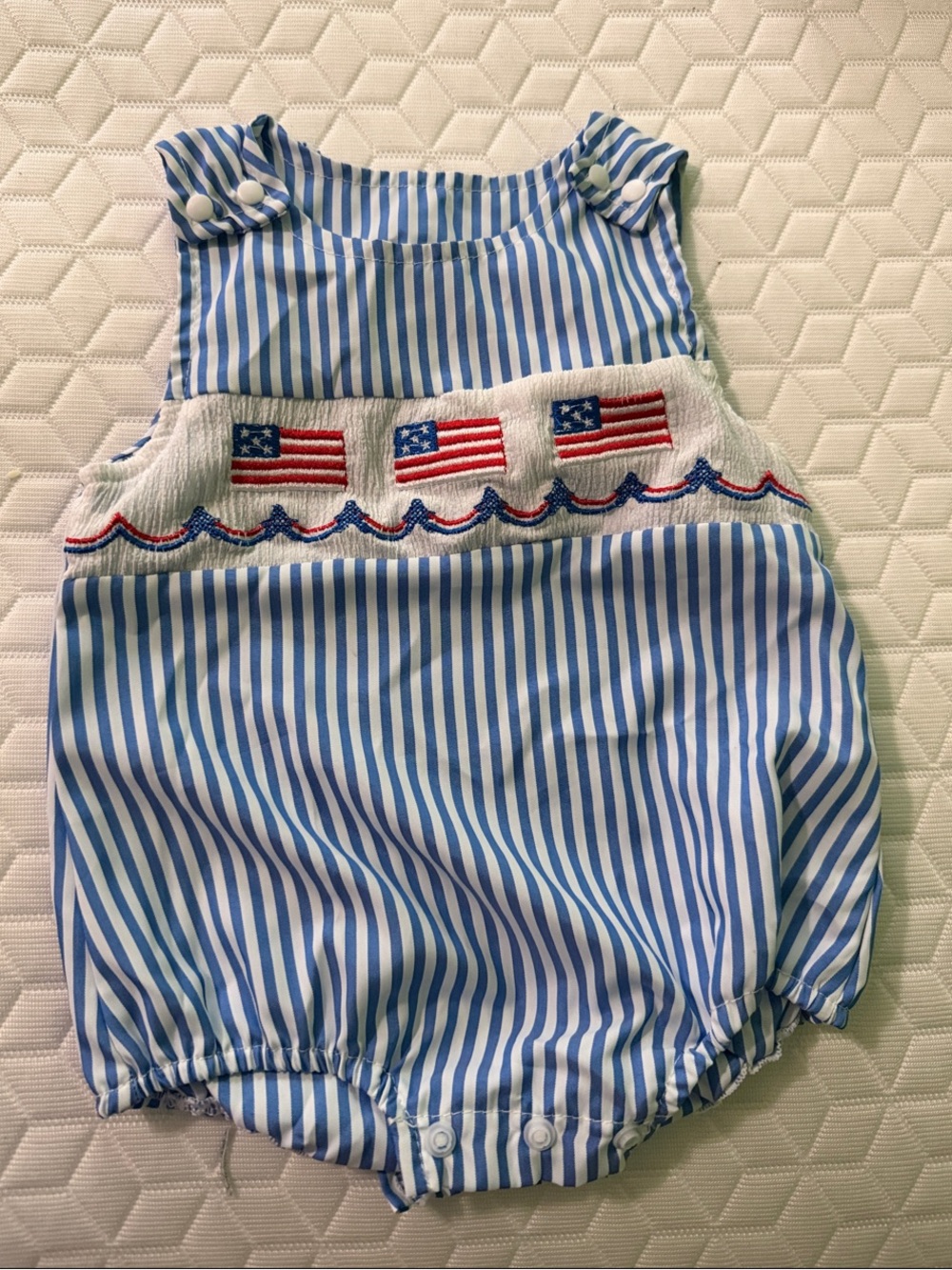 Blue & White Striped Baby Romper with Flag Smocking